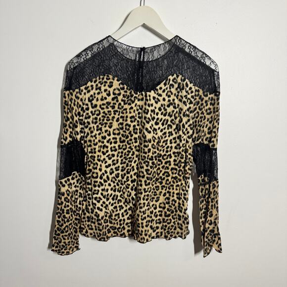 Zara Basic Top Women S Chetah Leopard Lace Illusion Mobwife CB92S Y2K Bratz Fall - Picture 2 of 9